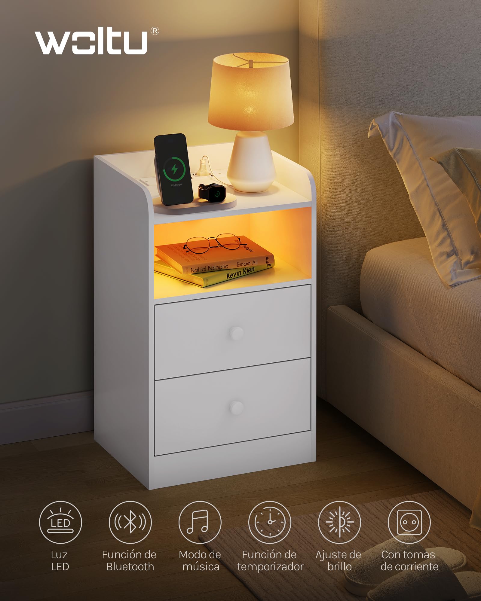 WOLTU Juego de 2 Mesita de Noche con Estación de Carga y Luz LED, Mesa Auxiliar con Enchufes, Puertos USB, Mesa Noche de Madera con Cajones, 40x35x64 cm, para Dormitorio, Blanca, NTS07ws-2