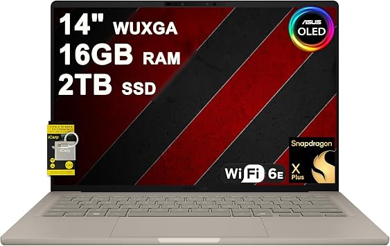 ASUS Zenbook A14 Laptop 14" WUXGA OLED 100% DCI-P3, 600nits HDR Qualcomm 8-core Snapdragon X Plus Up to 45 Tops 16GB DDR5 2TB SSD for Creator Business Professional Win11 ICP Hub