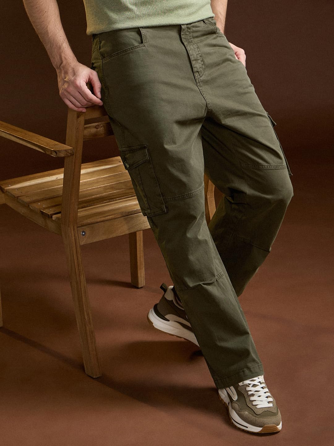 THE BEAR HOUSE Men's Olive Green Cotton Solid Utility Cargo 1