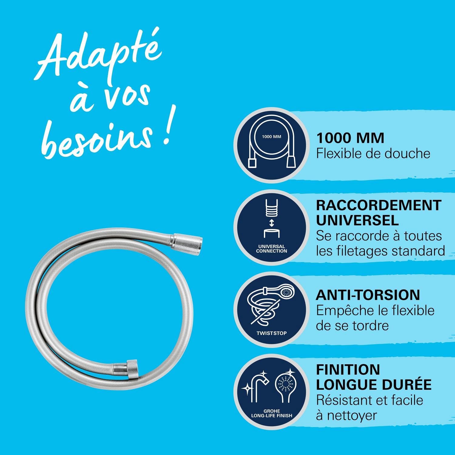 GROHE VitalioFlex Silver Long-Life TwistStop Flexible de douche 1000mm, anti-pliures, finition brillante, raccord fileté universel 1/2", chromé 22111000 (Import Allemagne)