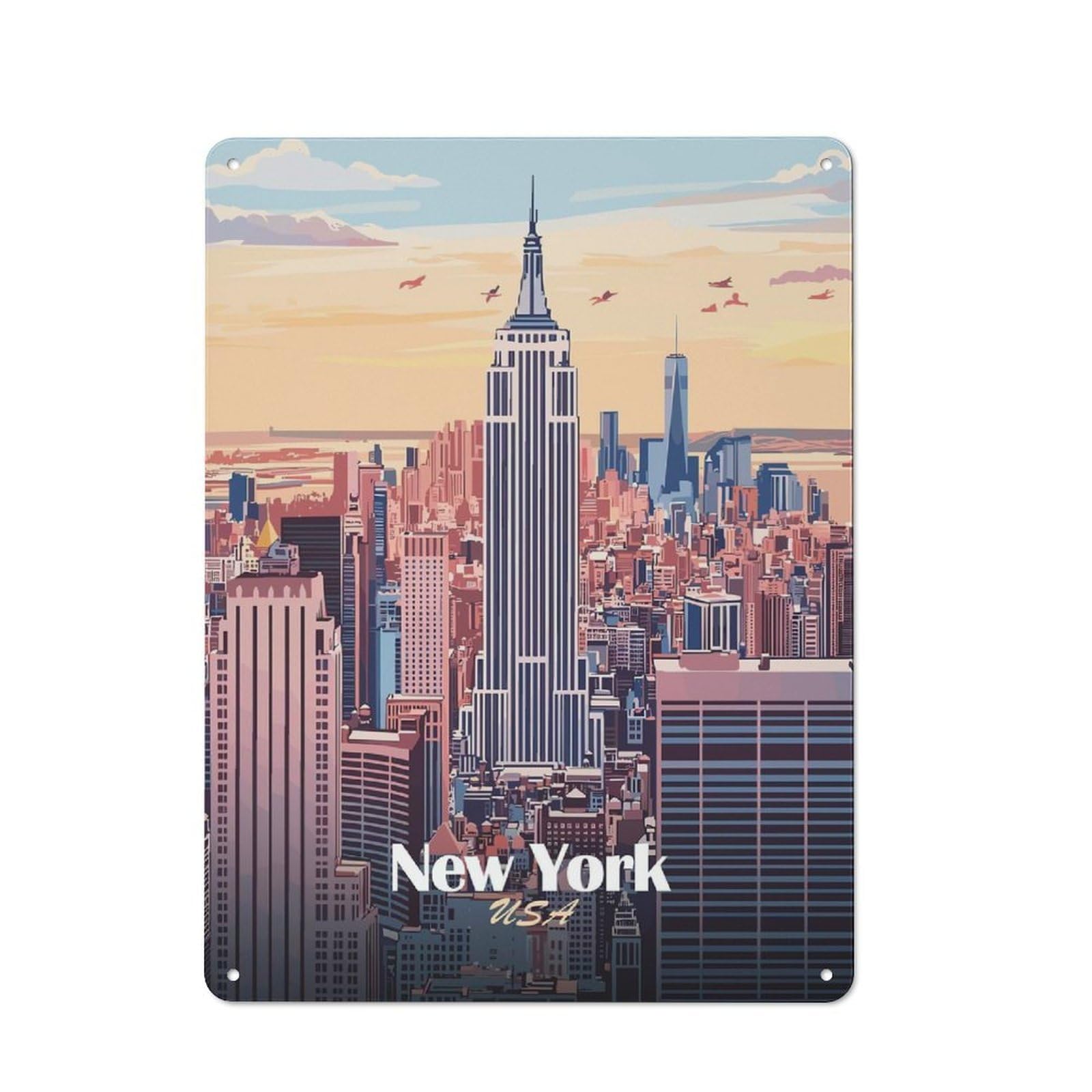 Junmoney Style-22 New York City Skyline Illustration(2) Vintage Metal Sign 40X30cm, Vintage Cafe Wall Decor For Takeaway, Bar, Kitchen Or Counter Area
