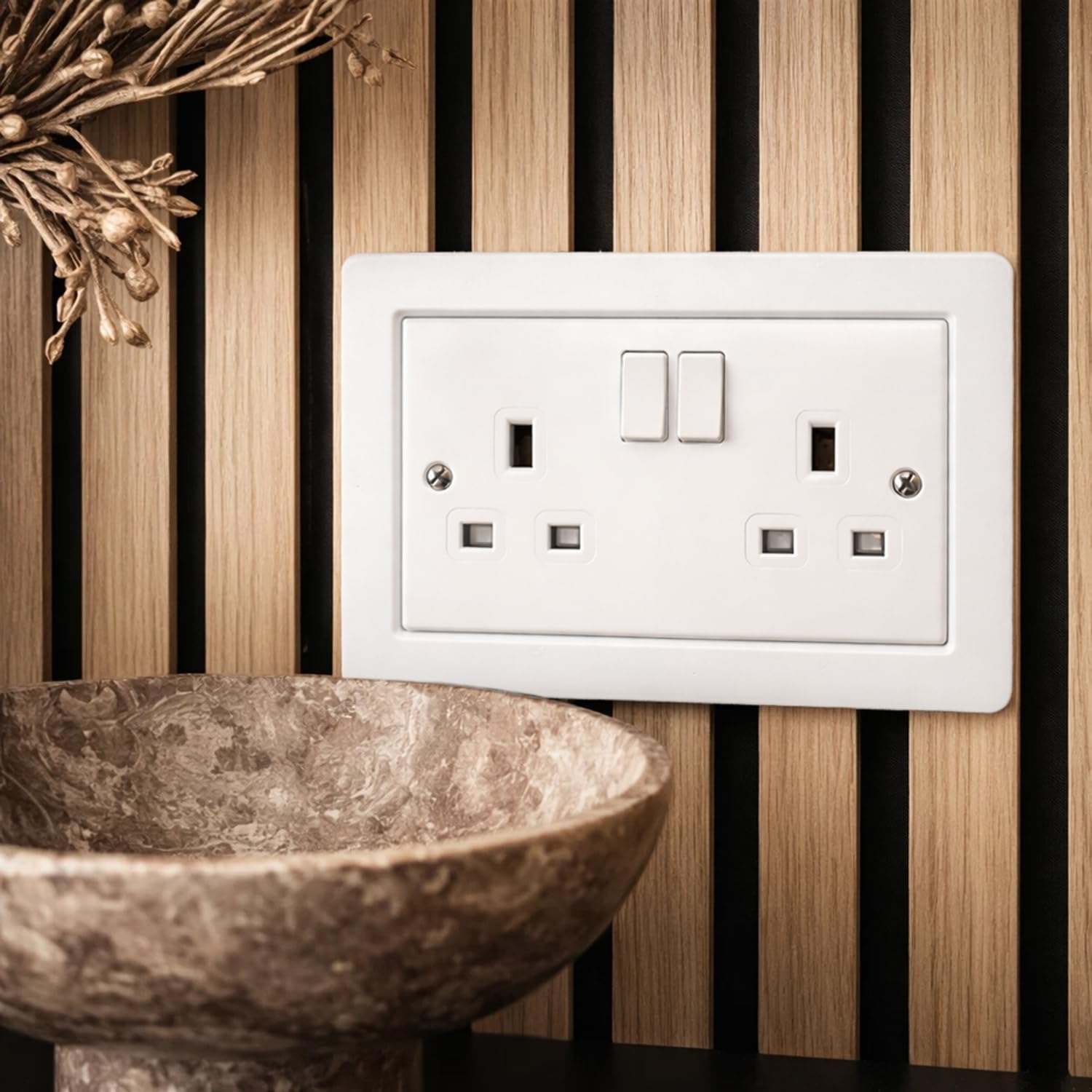Goods Emporium White Acoustic Wall Panel Socket Surround Trim, Uk Plug Socket Spacer Switch Frame For Slat Wall Panels, Black Or Single And Double 1 Gang 2 Gang Options (1, 2 Gang - Double)