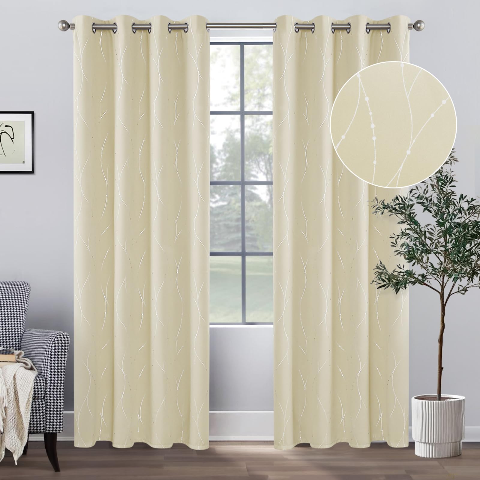 BUHUA Beige Blackout Curtain Panels, 84 Inches Long, Set of 2 - Thermal Insulated Curtains, Light Blocking Curtains with Floral Pattern (52 x 84 Inch Length, Beige, 2 Panels)