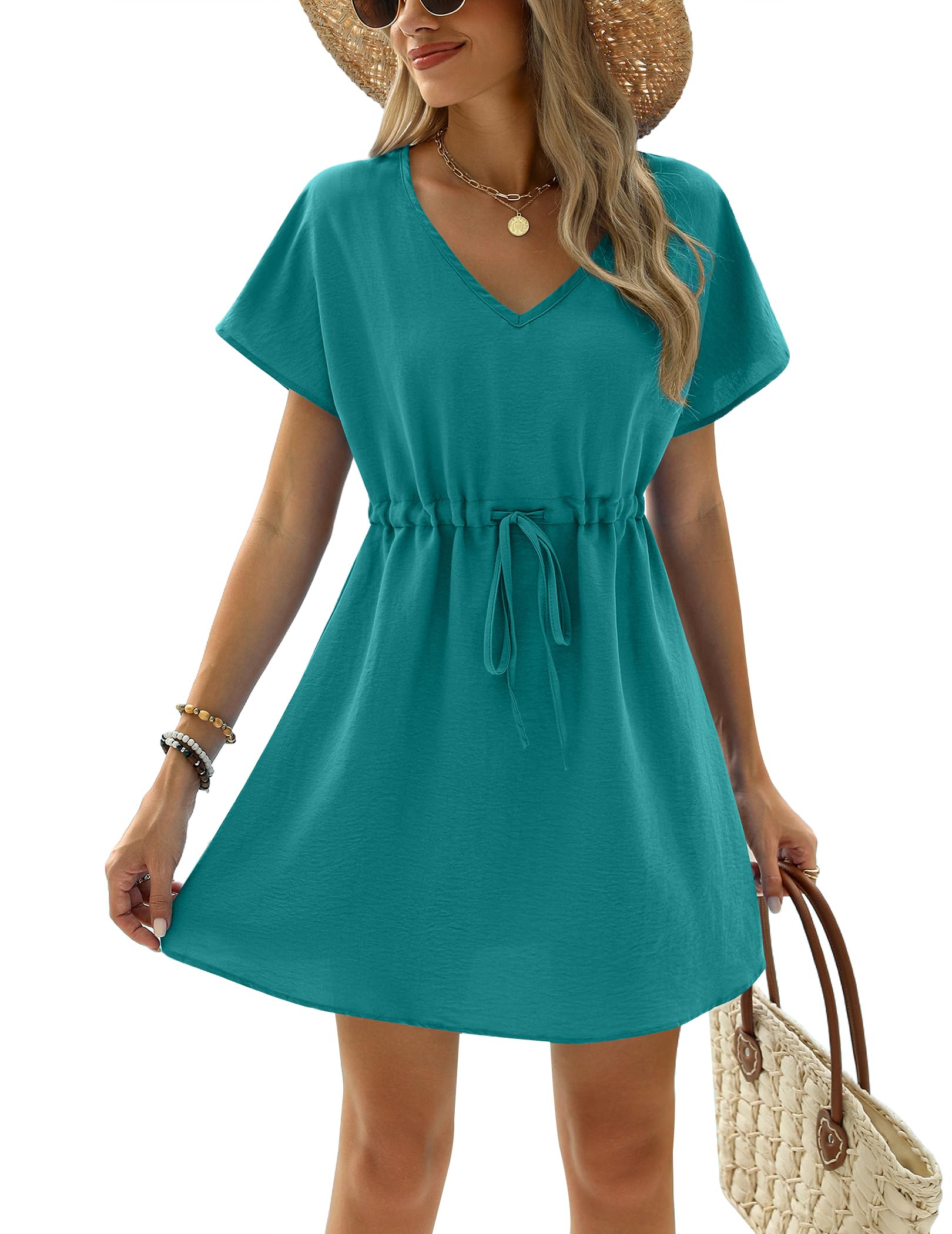 Ekouaer Womens Swimsuit Coverup Short Sleeve Beach Cover Up Dress V Neck Bikini Beachwear