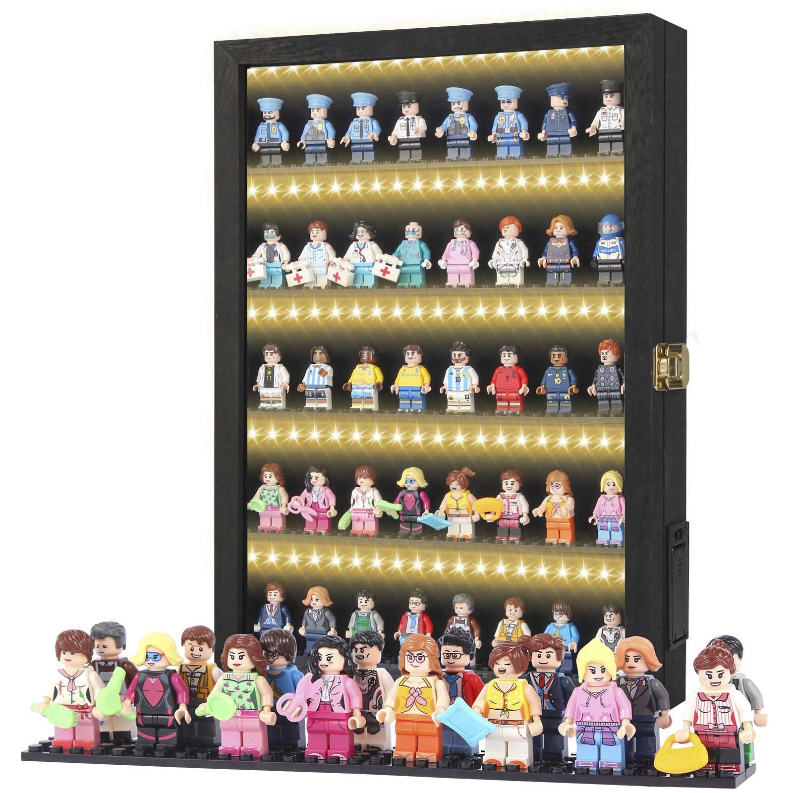 Minifiguren-Vitrine, schwarz, 40,6 x 27,9 x 5,9 cm, Vitrine mit LED-beleuchteten Regalen, Mini-Figuren-Vitrine mit eingebauten Füßen, batteriebetrieben, kabellos, Sammlungsdisplay