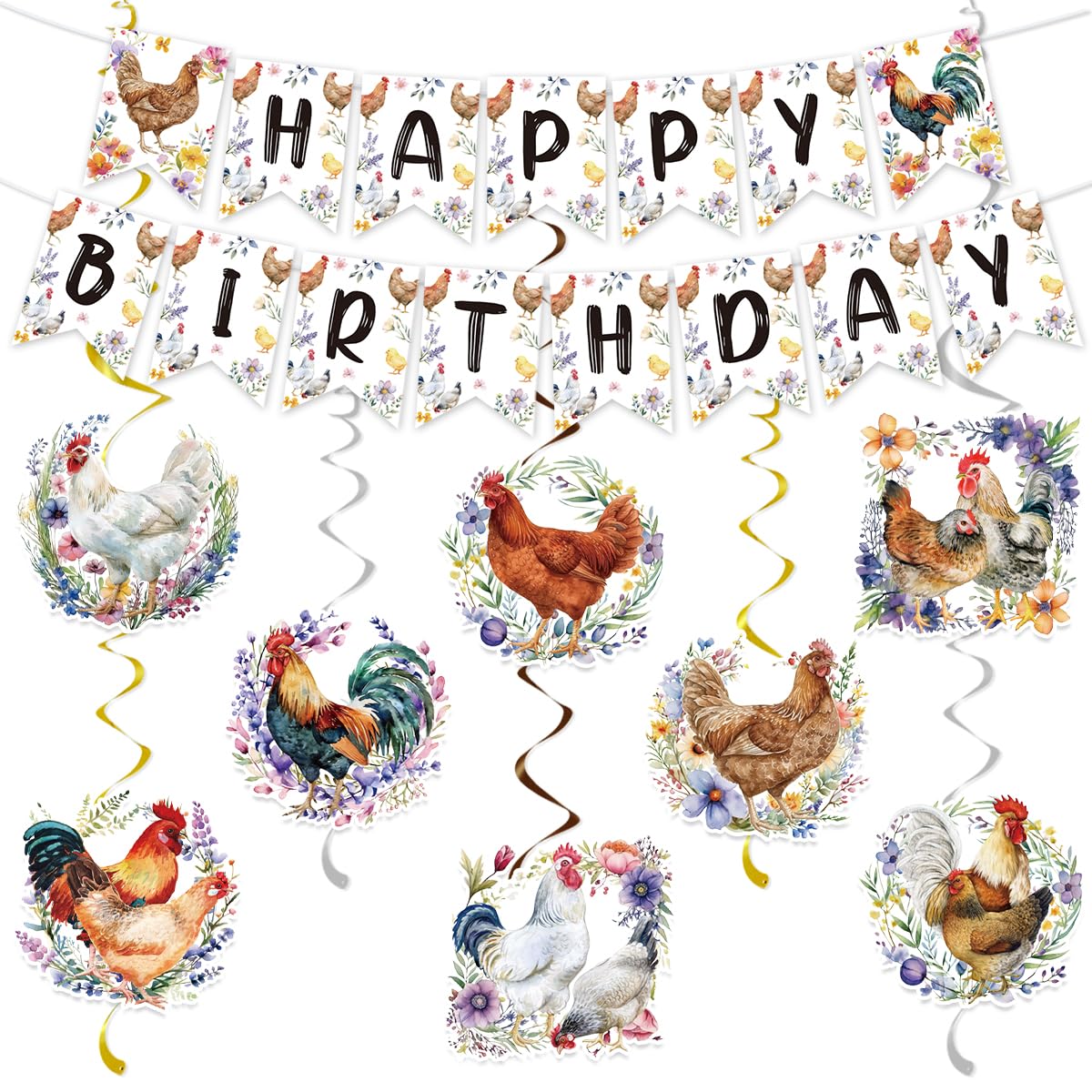 Chicken Birthday Decorations Include Chicken Happy Birthday Banners Hanging Swirls Chick Farm Animal Birthday Theme Party Supplies