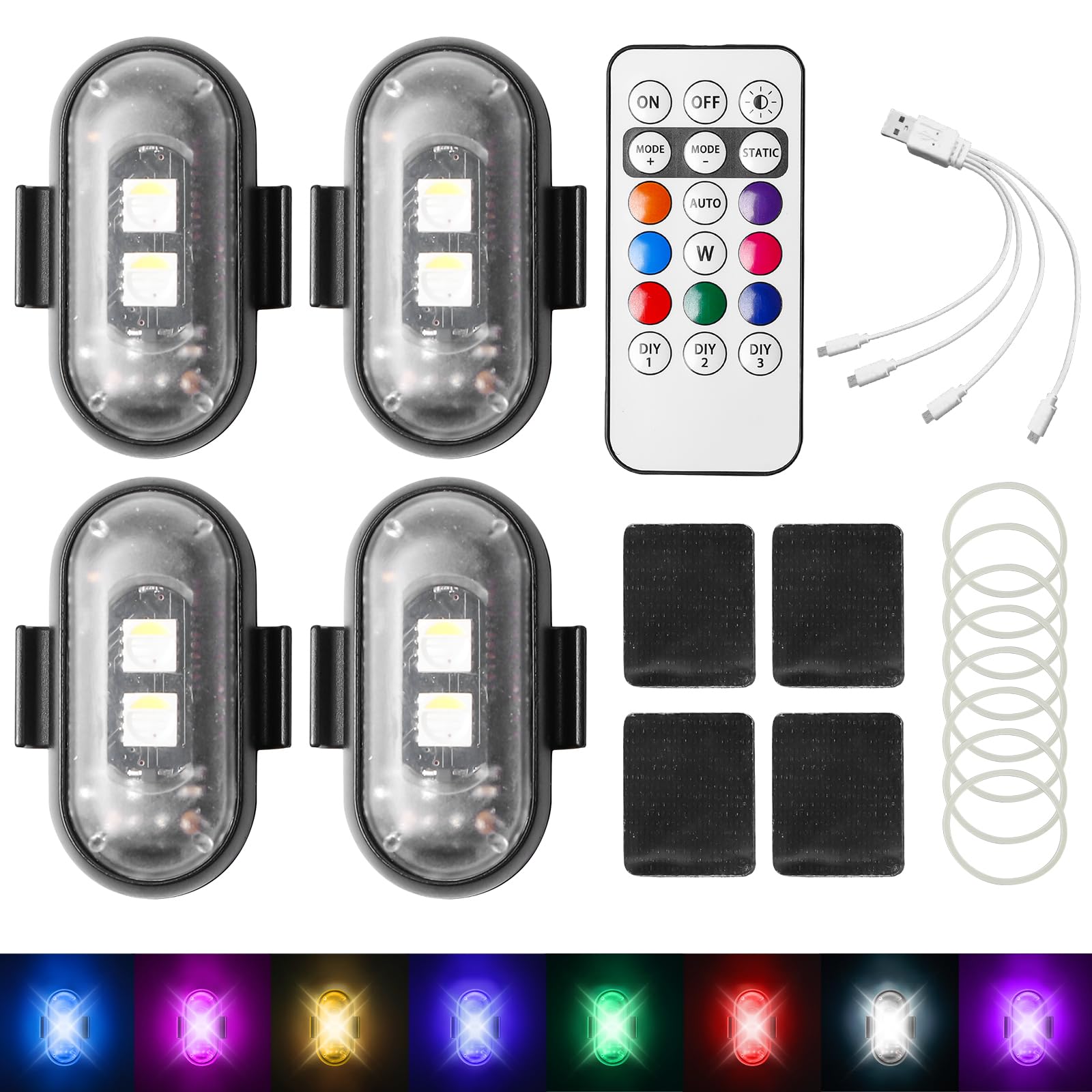 Bezprzewodowe światła LED, 4 sztuki, lampa błyskowa LED, 8 kolorów, wodoszczelne, z pilotem zdalnego sterowania, do samochodu, motocykla