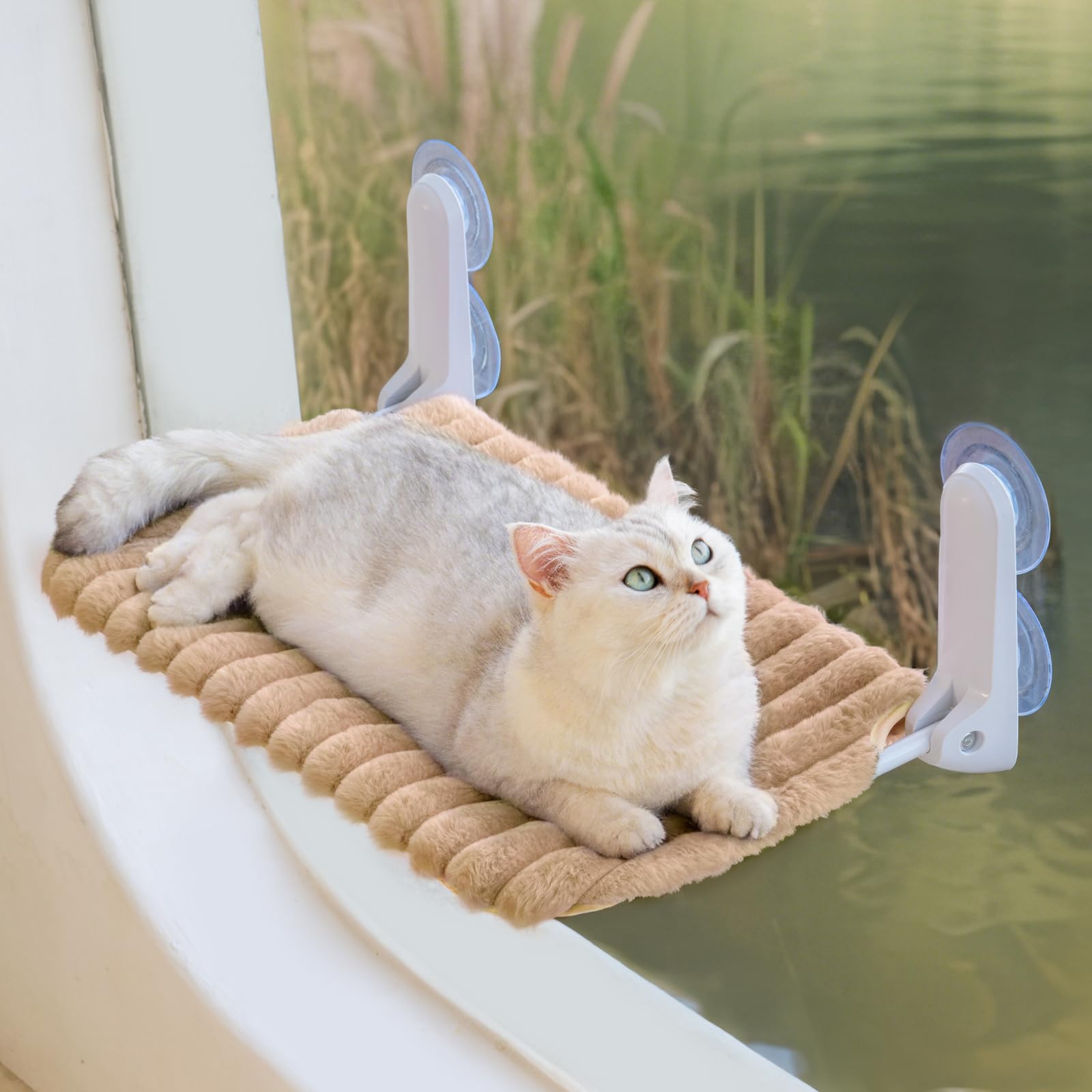 MEWOOFUN Katzenfenster-Sitzstange Faltbar mit abnehmbarem und wendbarem Bezug - Weiche Katzenfenster Hängematte mit verstärktem Stahlrahmen stabil bis 18 kg belastbar (Kamel, M)
