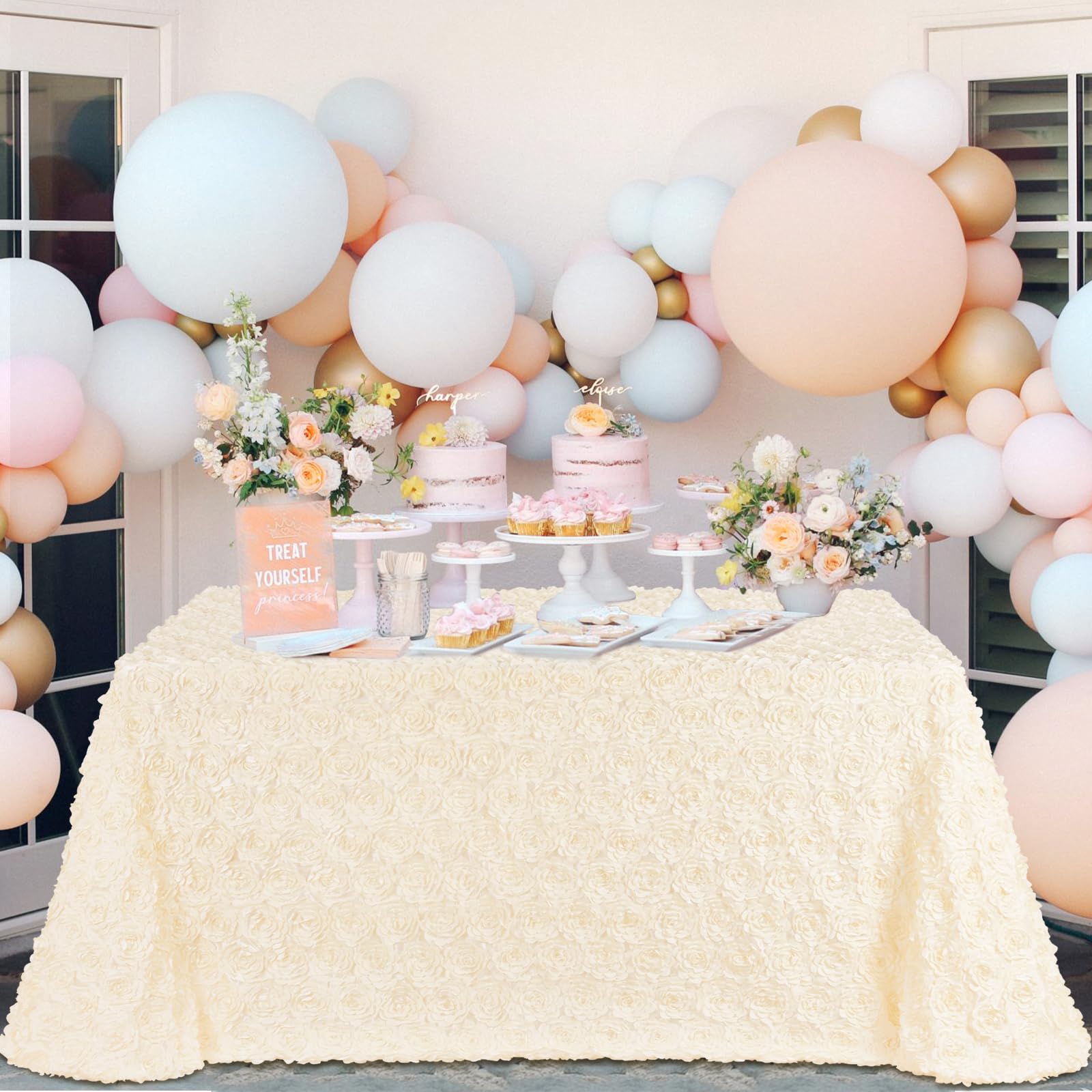 Fanqisi Ivory Tablecloth 90x156 Inches Rosette Satin Table Cover Home Party Decorations for Wedding Party Table Top Decor