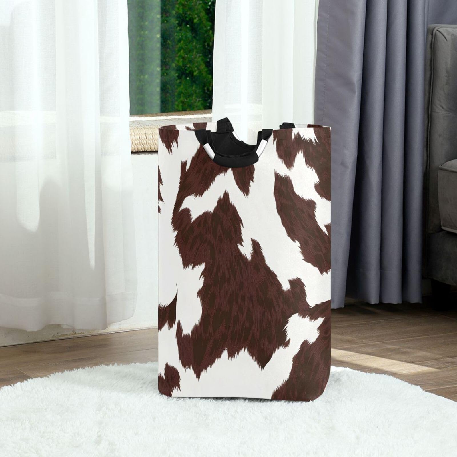 Jihqo Laundry Hamper Basket Brown White Cow Collapsible Nursery Storage Bin Waterproof Clothing Baskets for Home Bedroom Bathroom Washing Room