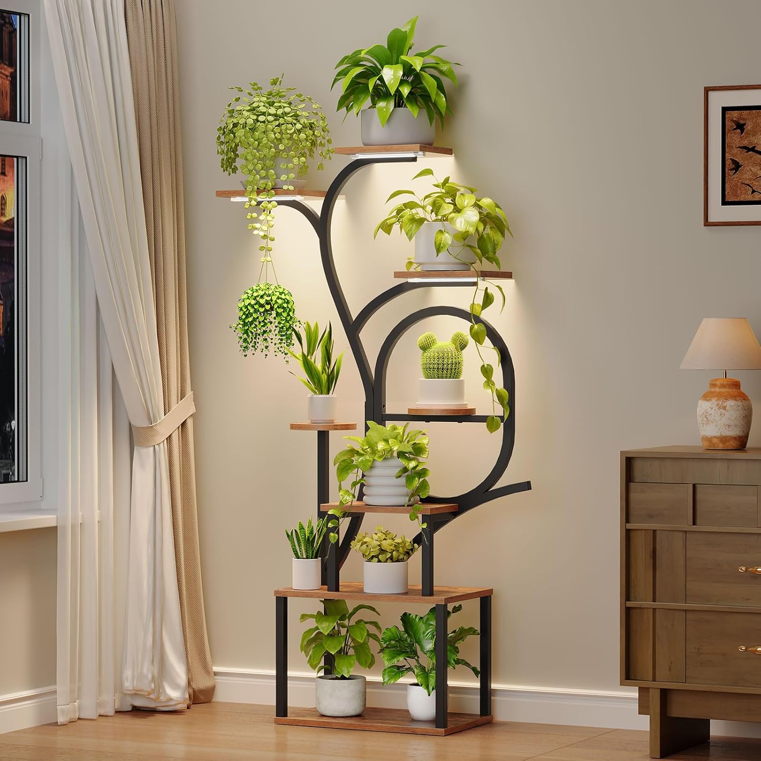 Plant Stand Indoor with Grow Lights - 60" Tall Plant Shelf, Indoor Plant Lighting Stands, 8 Tiered Flower Holder, S-Shaped Decorative Rack for Living Room, Rustic Brown and Black PSHR170E01