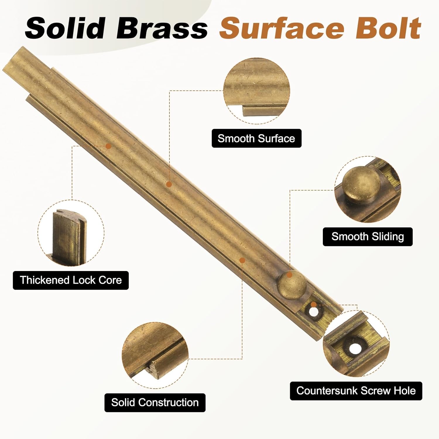 uxcell 4Pcs 6" Solid Brass Surface Bolt, Concealed Security Slide Latch Door Lock with Screws, Polished French Door Lock for Closet Cabinet Recessed Doors, Bronze