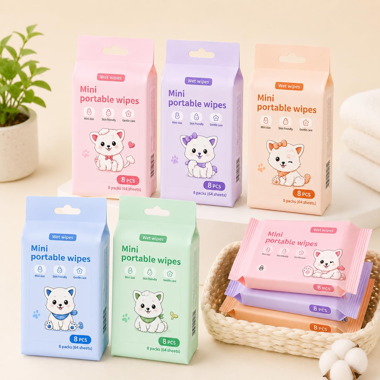 Satvira Mini Wet Wipes, 64 Count Pocket Pack | 8 Packs x 8 Sheets | Alcohol & Fragrance Free Baby Wet Tissues | 99% Pure Water Soft Sheets for Hand, Face, Mouth & Travel Use for Kids & Adults-image-27