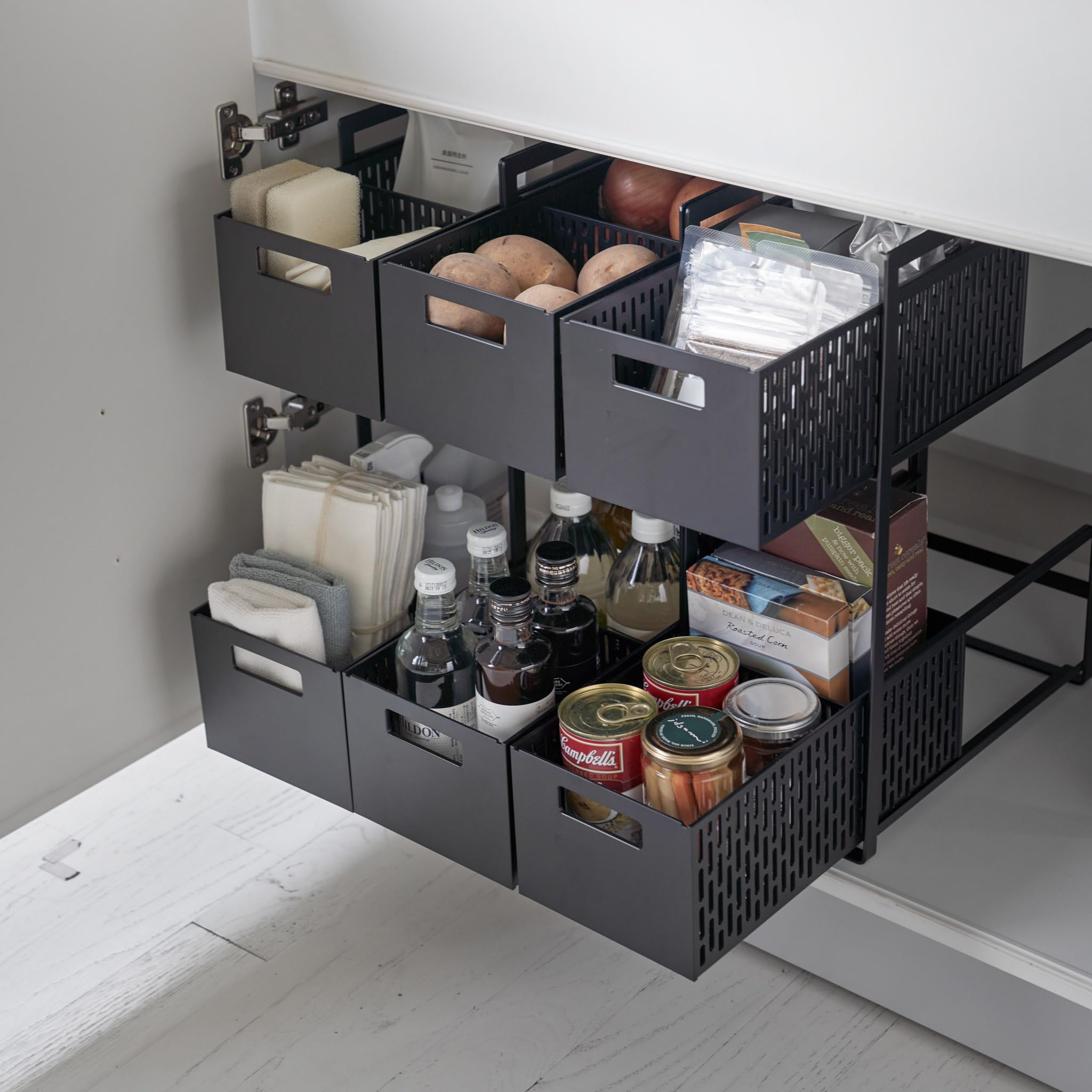 YAMAZAKI 5219 TOWER 2~Tiered Storage Basket Set, black, ABS Resin / Steel / Silicone, 16 x 32.5 x 46 cm