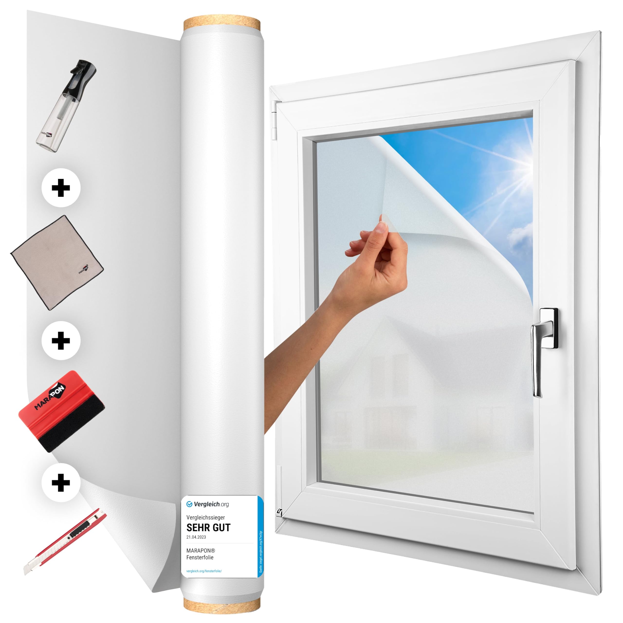 MARAPON® Fensterfolie Blickdicht selbsthaftend [90x400 cm] - inkl. Rakel, Cutter, Sprühflasche und 2X Mikrofasertuch - Sichtschutzfolie für Fenster - Milchglasfolie All-in-One Lösung | statisch