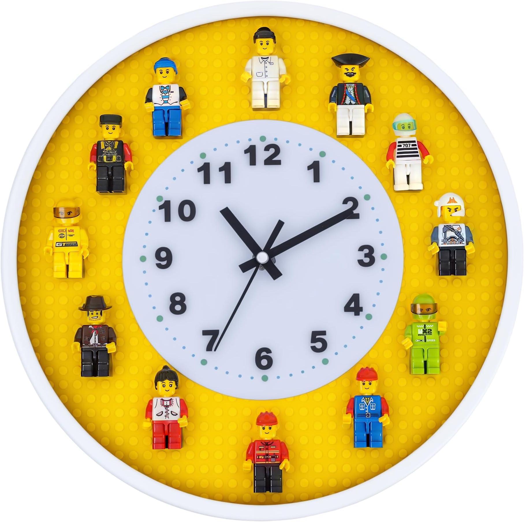 Wall Clock with Minifigures Silent Non-Ticking Display Case Frame Building Block DIY Wall Decor for Kids Room Bedrooms (24 Minifigures Included)