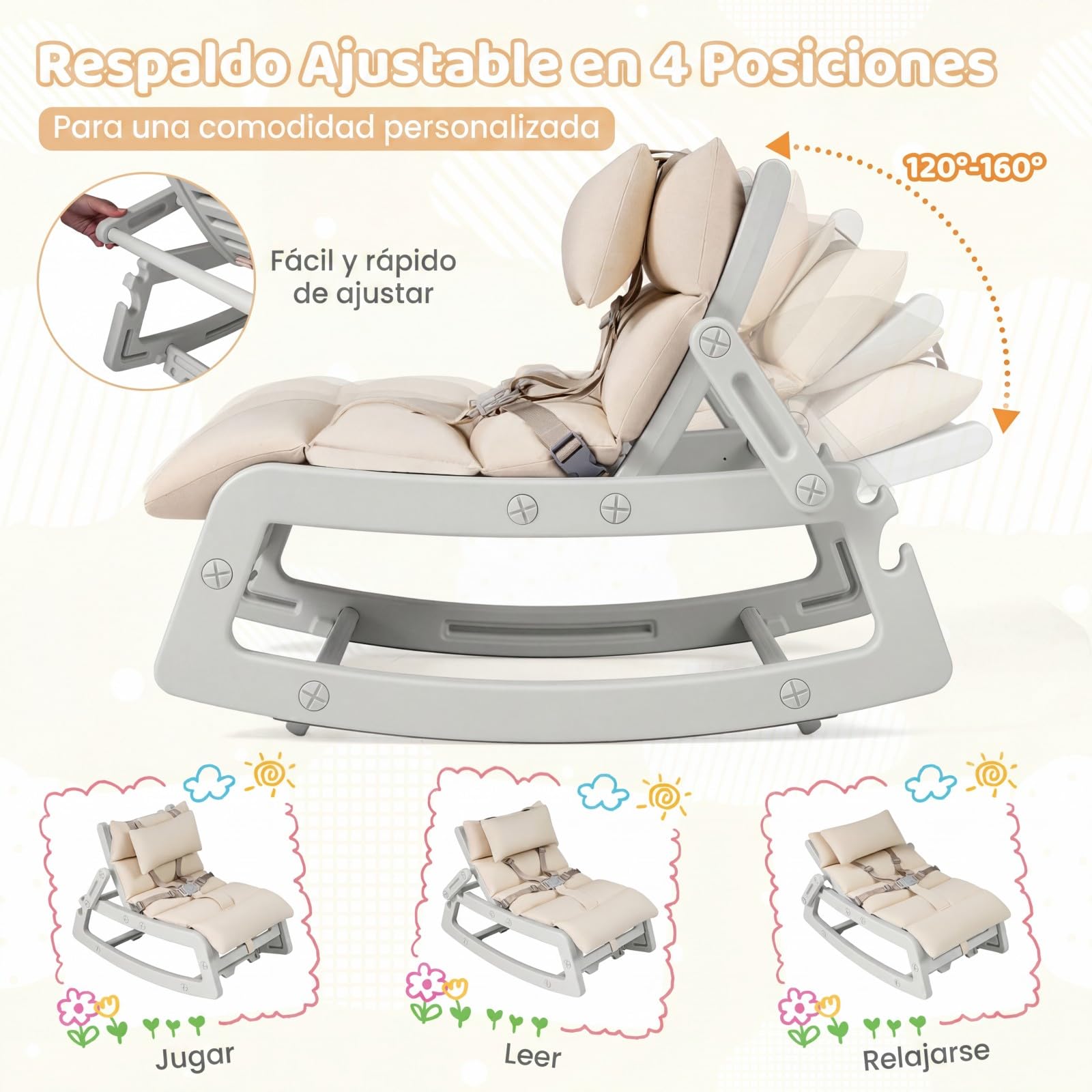 COSTWAY Silla Mecedora para Niños, Sillón Reclinable Infantil con Respaldo Ajustable, Cojín Extraíble y Lavable, Arnés de Seguridad, Mecedora para Niños de 6+ Meses, Guardería Sala de Juegos (Gris)