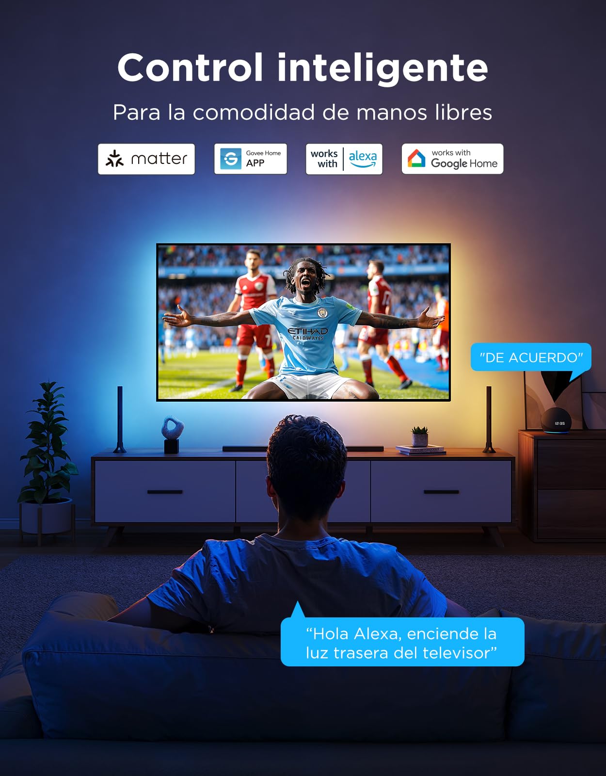 Govee Luz LED Trasera TV 2 para TVs 32-70 pulgadas | RGBWIC 4,4m Recortable, Fácil Instalación, 210+ Modos, Compatible con Matter, Sincronización Musical