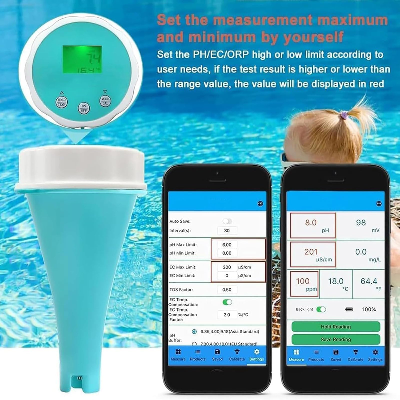 Tester jakości wody 6 w 1, tester wody w basenie Bluetooth, wodoodporność IP67, tester temperatury Ph Chlor Ec Tds-orp do basenów, jacuzzi i spa pływackich