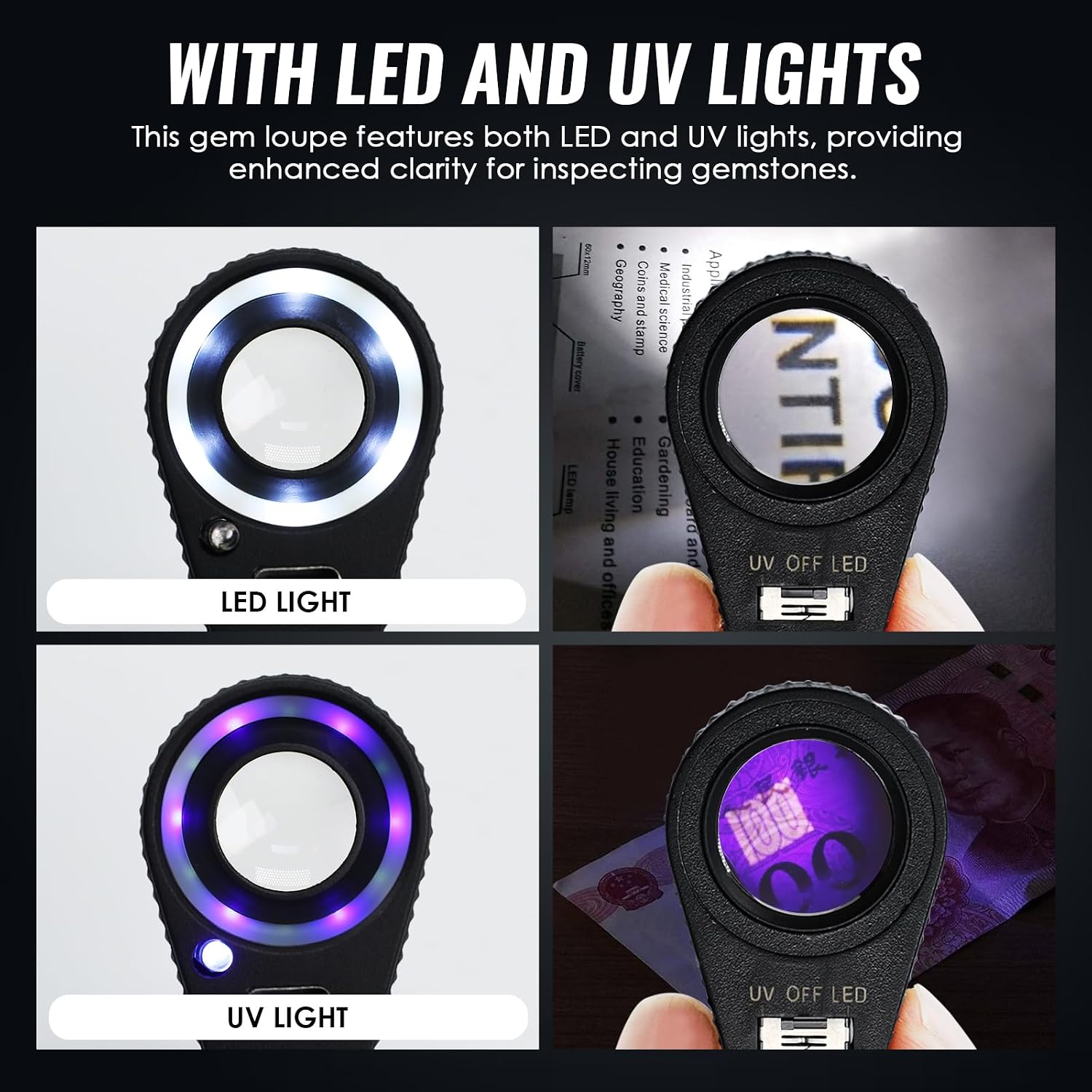 30x Magnification Gem Loupe with UV & LED Lights 22mm Portable Jewelry Magnifier Eye Inspection Loupe for Gemstones Optical Lens Magnifier Rechargeable Battery for Jewelers, Gemologists