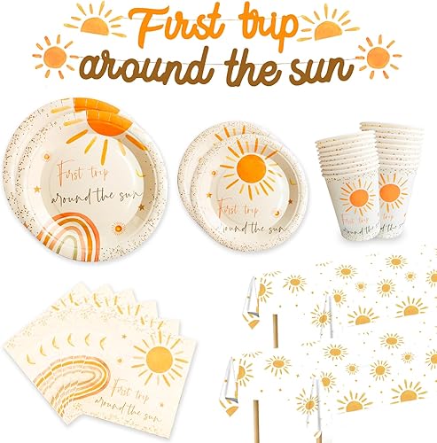 Decoraciones de cumpleaños de primer viaje alrededor del sol – Decoraciones de primer cumpleaños de arco iris para niñas y niños, platos y