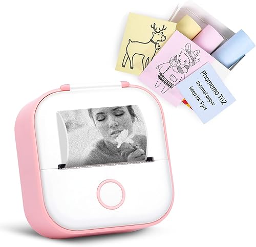 Miniatura 1 de Memoqueen T02 - Impresora fotográfica térmica de bolsillo con papel térmico rosaamarilloazul papel de color no adhesivo 2087in x 213ftrollo texto