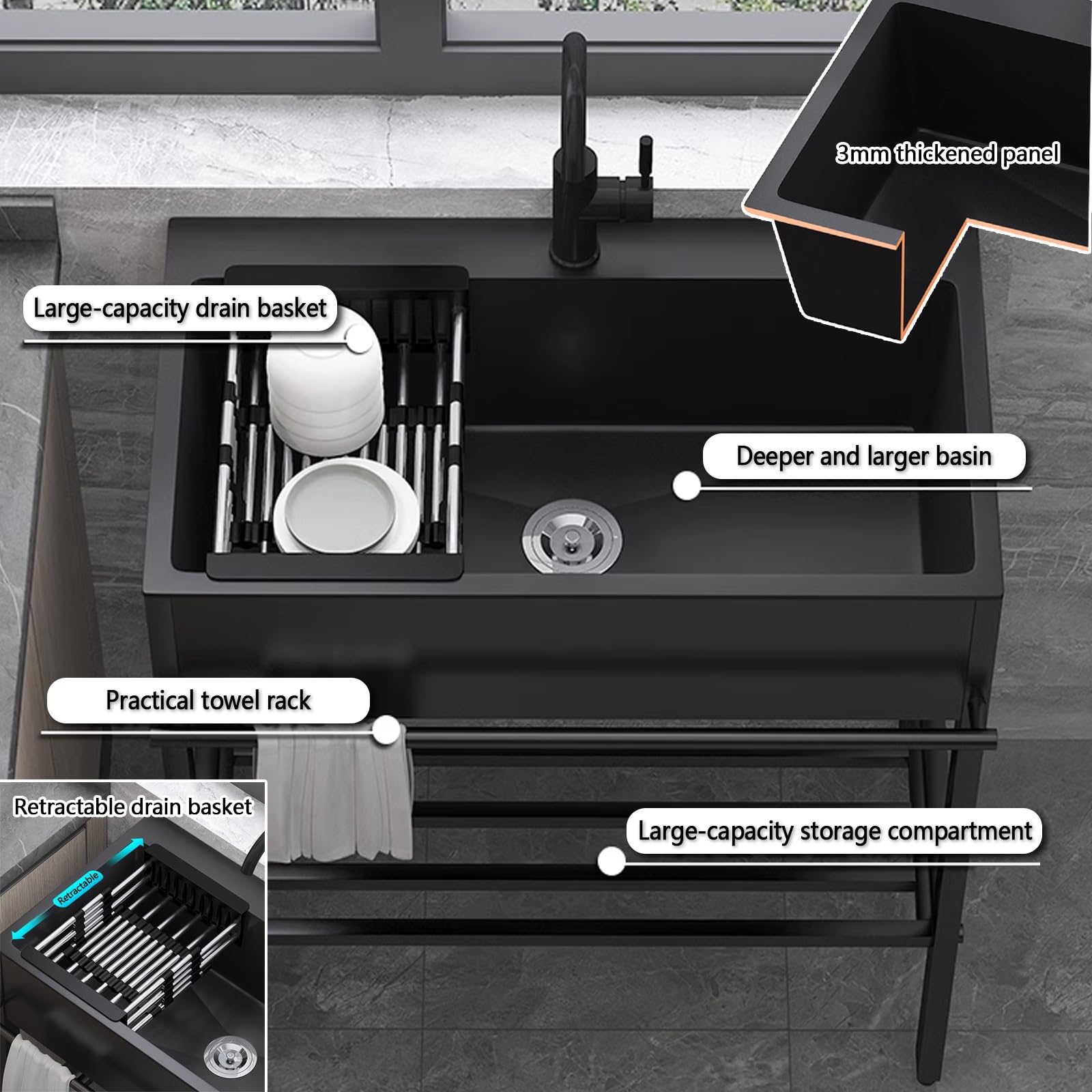Fregadero utilitario de acero inoxidable con soporte, fregadero de cocina de un solo tazón con plataforma de almacenamiento, grifo frío y caliente, perfecto para exteriores, garaje, estación de lavado