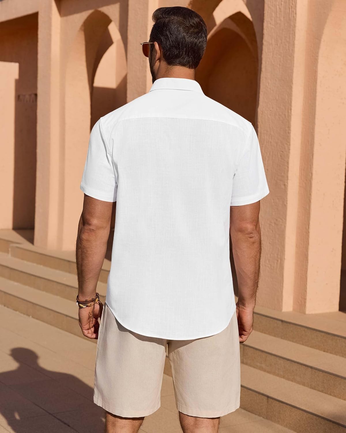 Linen Shirts for Men Short Sleeve Button Down Casual Shirt Cotton Beach Summer Collared Top with Pocket - Image 5