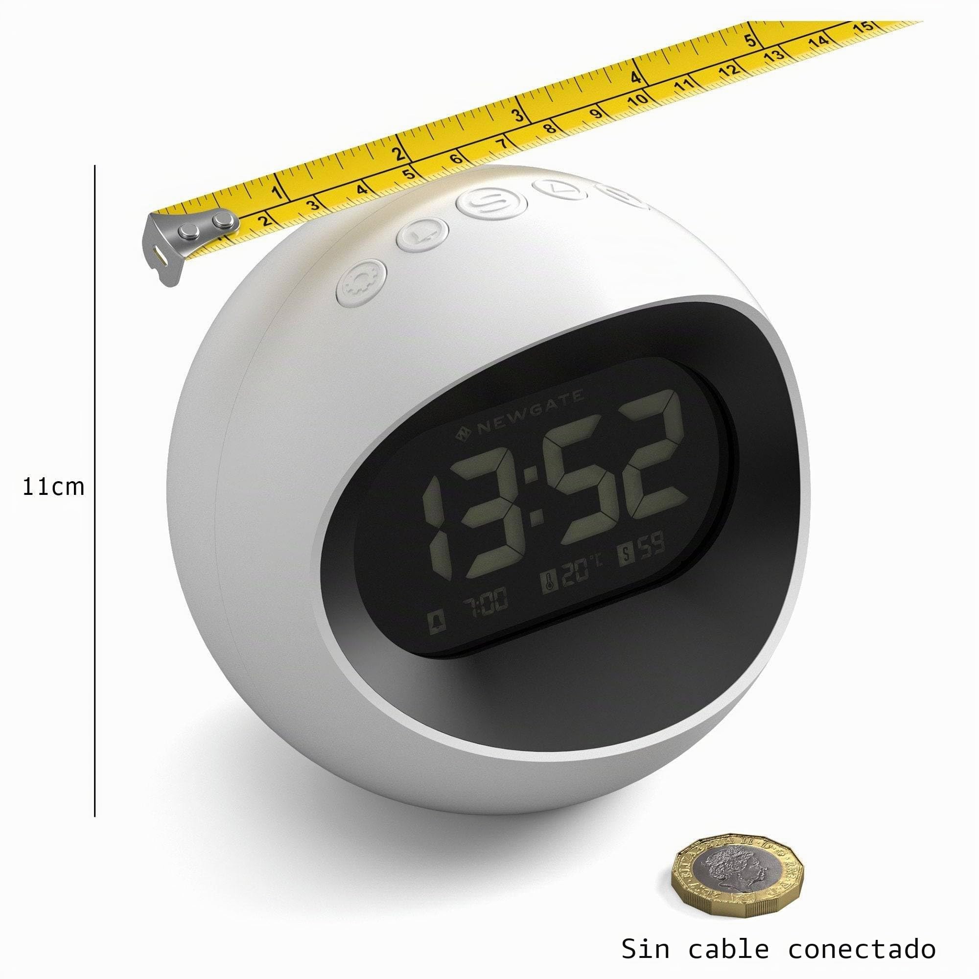 NEWGATE® Centre of The Earth Despertador | Reloj LCD Digital Retro Redondo | Blanco | Ideal para la mesilla, Escritorio o estantería | Accesorio Retro para dormitorios y oficinas