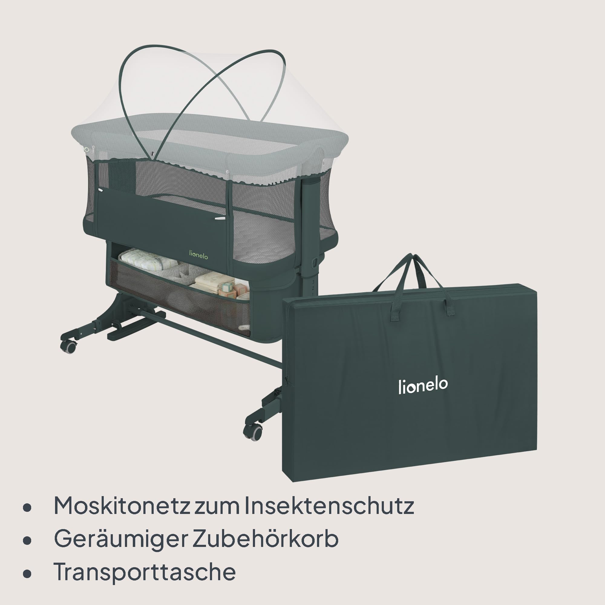 Lionelo Jodie Beistellbett 3in1, 6-Fach höhenverstellbar mit Neigungsverstellung für Boxspringbett, als Wiege & Babybett, Netzseiten, Rollen mit Bremse, Matratze, Gurte, Transporttasche, Moskitonetz