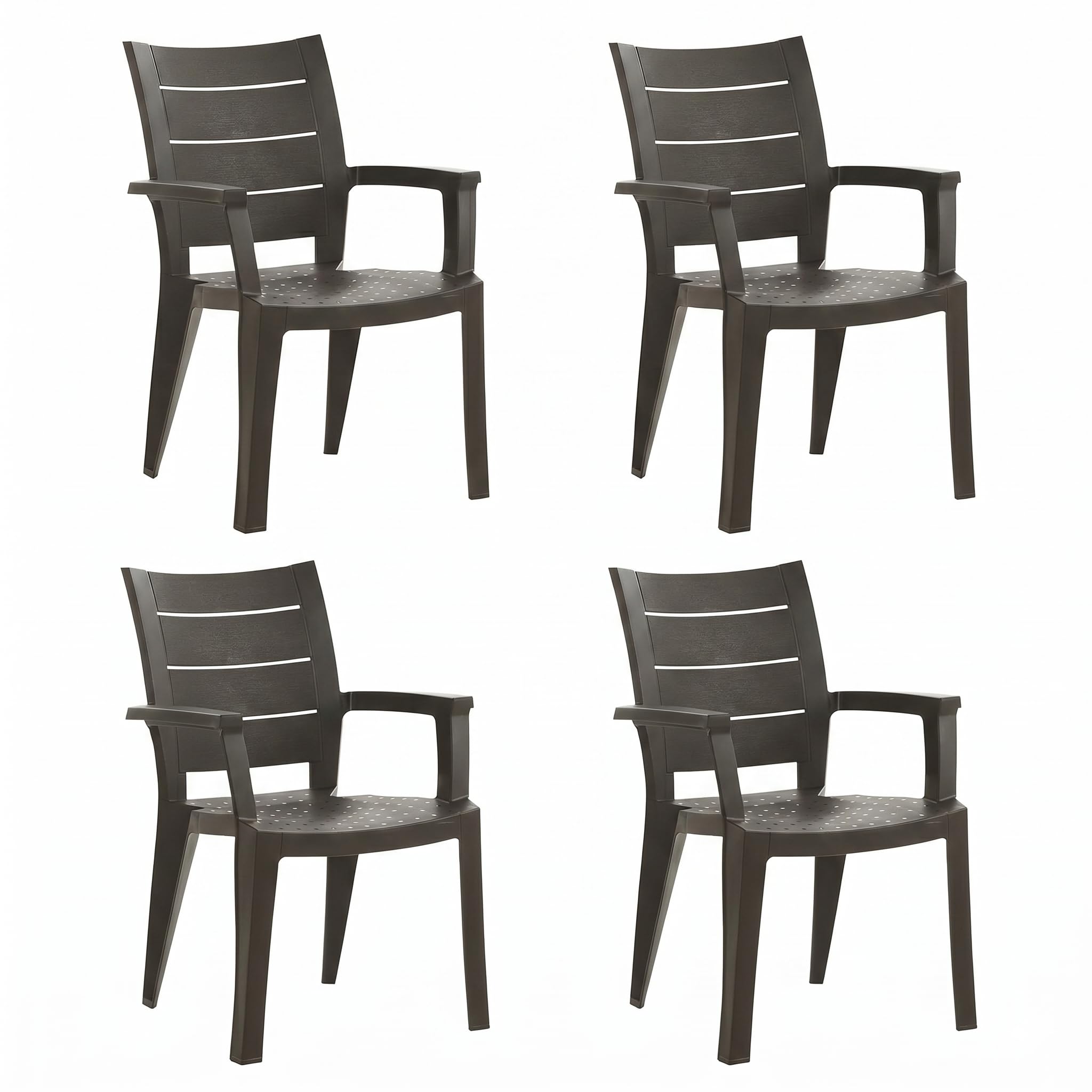 SHAF - Pack 4 Sillas de Jardín Apilables– Exterior Terraza y Catering – Plástico Reciclado Resistente UV – Diseño Ergonómico – Modelo Legno con Textura de imitación a Madera – Antracita