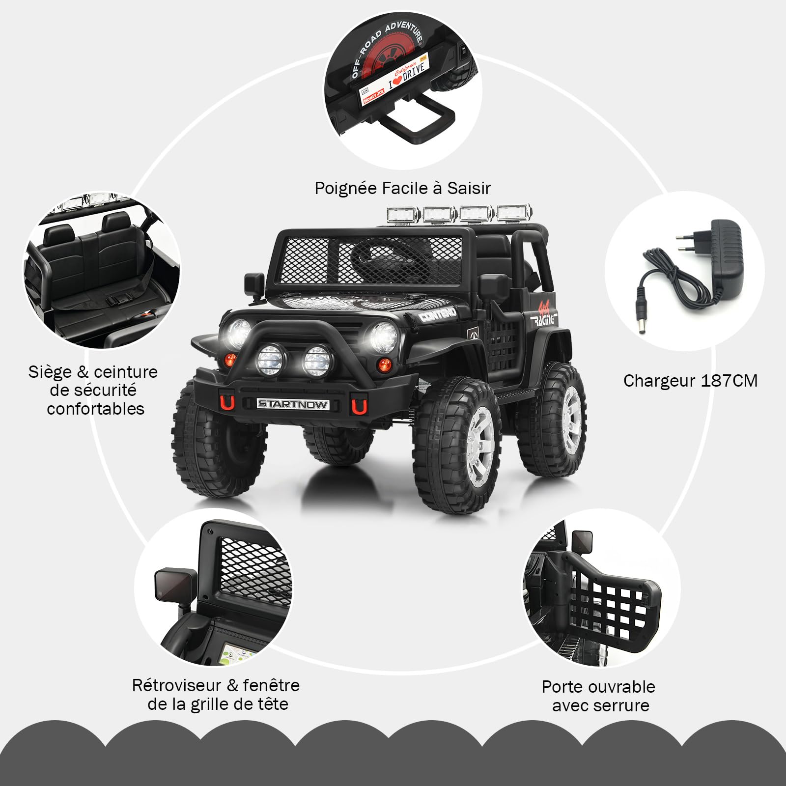 COSTWAY 12V Voiture Électrique Enfant avec Télécommande 2,4G, Véhicule Électrique avec Lumières LED & Musique & Klaxon, Démarrage Lent, 3 Vitesses, Charge 50kg pour Enfant de 3 Ans+ (Noir)