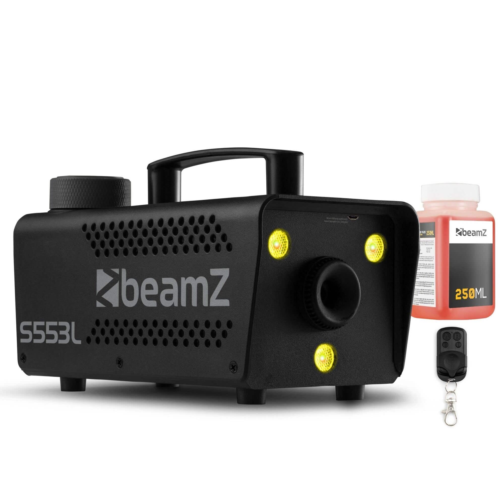 BeamZ Nebelmaschine S553L - LED Nebelmaschine Mini mit Lichteffekt - inkl. 250ml Nebelfluid, 550 Watt mit Fernbedienung, Rauchmaschine Party, Smoke Machine mit 3 LEDs RGB, Nebelmaschine Halloween