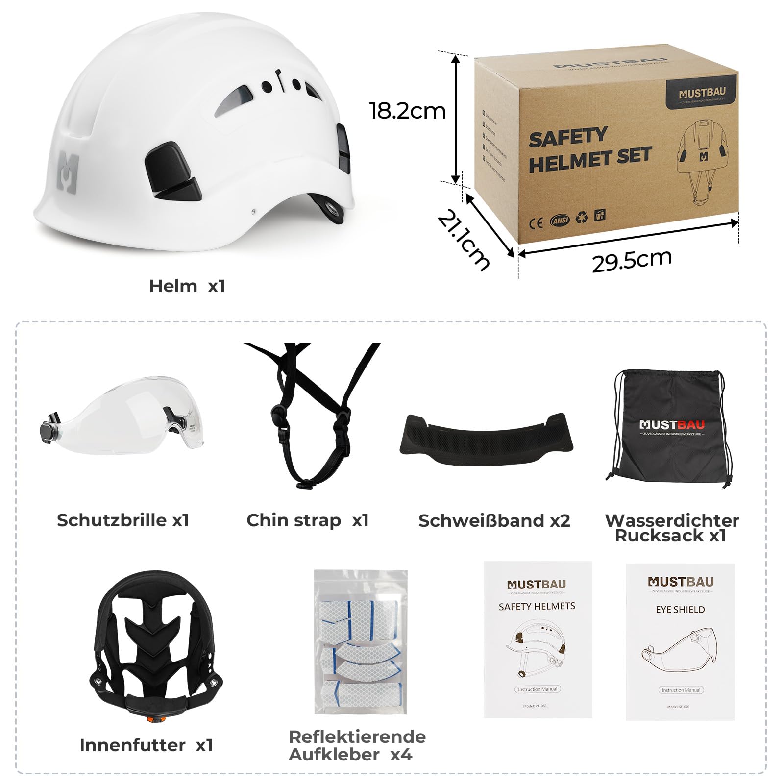 Kletterhelme Bauhelm mit Visier, EN12492, ABS Baustellenhelm, abnehmbares Schweißband, reflektierende Aufkleber Arbeitshelm für Forst, BAU und Kletterarbeiten