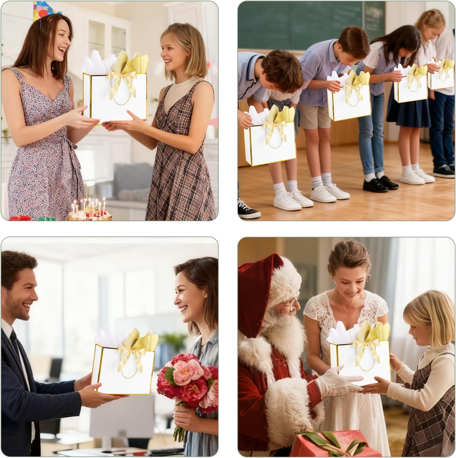 Addblu 12 Pack Large White Gift Bags with Handles, 12.6x10x4'' Includes 36 Tissue Papers, Bow Ribbon & Cards for Wedding, Birthday, Bridesmaid, Groomsmen, Valentine's Day, Easter (White and Gold, 12pcs) - Image 8