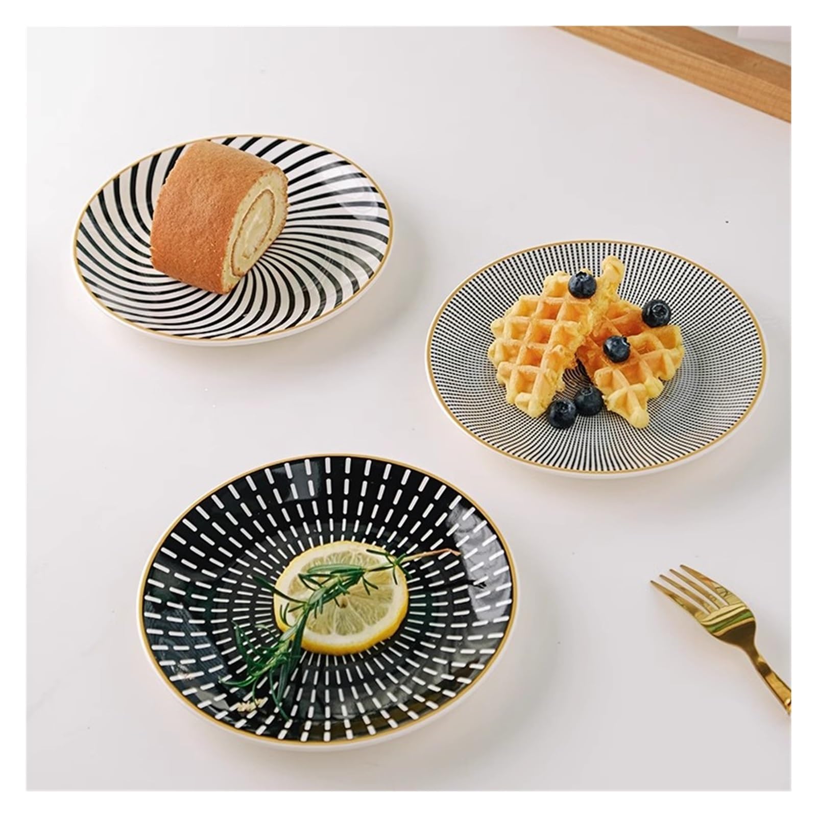 Ceramiczny zestaw 4 talerzy obiadowych w stylu europejskim – czarno-białe porcelanowe okrągłe talerze na sałatkę, deser, lunch i przystawki, elegancka zastawa stołowa do jadalni