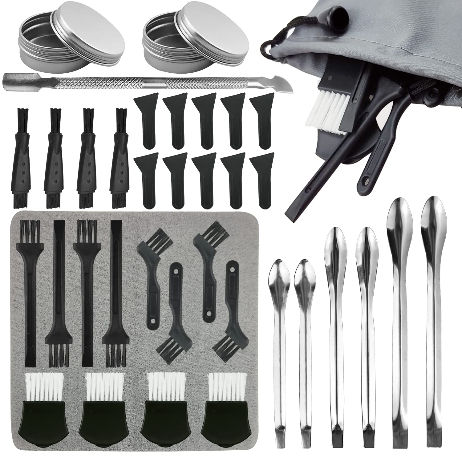 38 Pcs Pollen Scrapers Kit For Grinder Including Plastic Cleaning Brush Pollen Scrapers Stainless Steel Spatula Micro Scoop And Aluminium Tin Cans