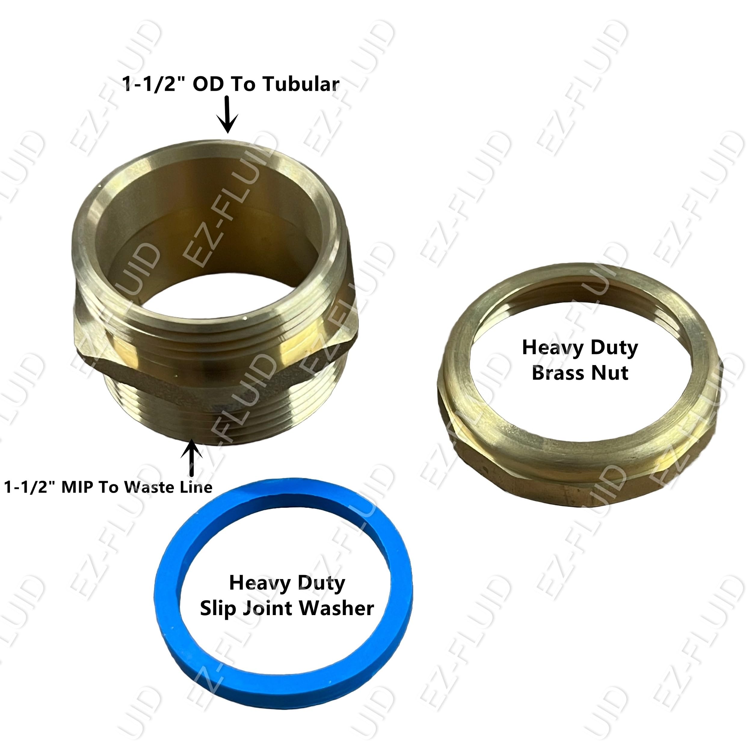 EZ-Fluid Adaptador de trampa macho de latón resistente de 1-1/2 pulgadas MIP x 1-1/2 pulgadas OD, conector de línea de drenaje de residuos debajo del fregadero con tuerca de latón y arandela azul