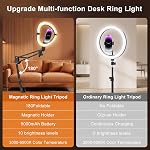 Sans fil 10" Anneau de lumière avec support & Support de téléphone magnétique, Diyife 180° Luminaire pliable de bureau avec support de téléphone overhead, télécommande, 3 Couleurs, 10 Luminosités pour la vidéo