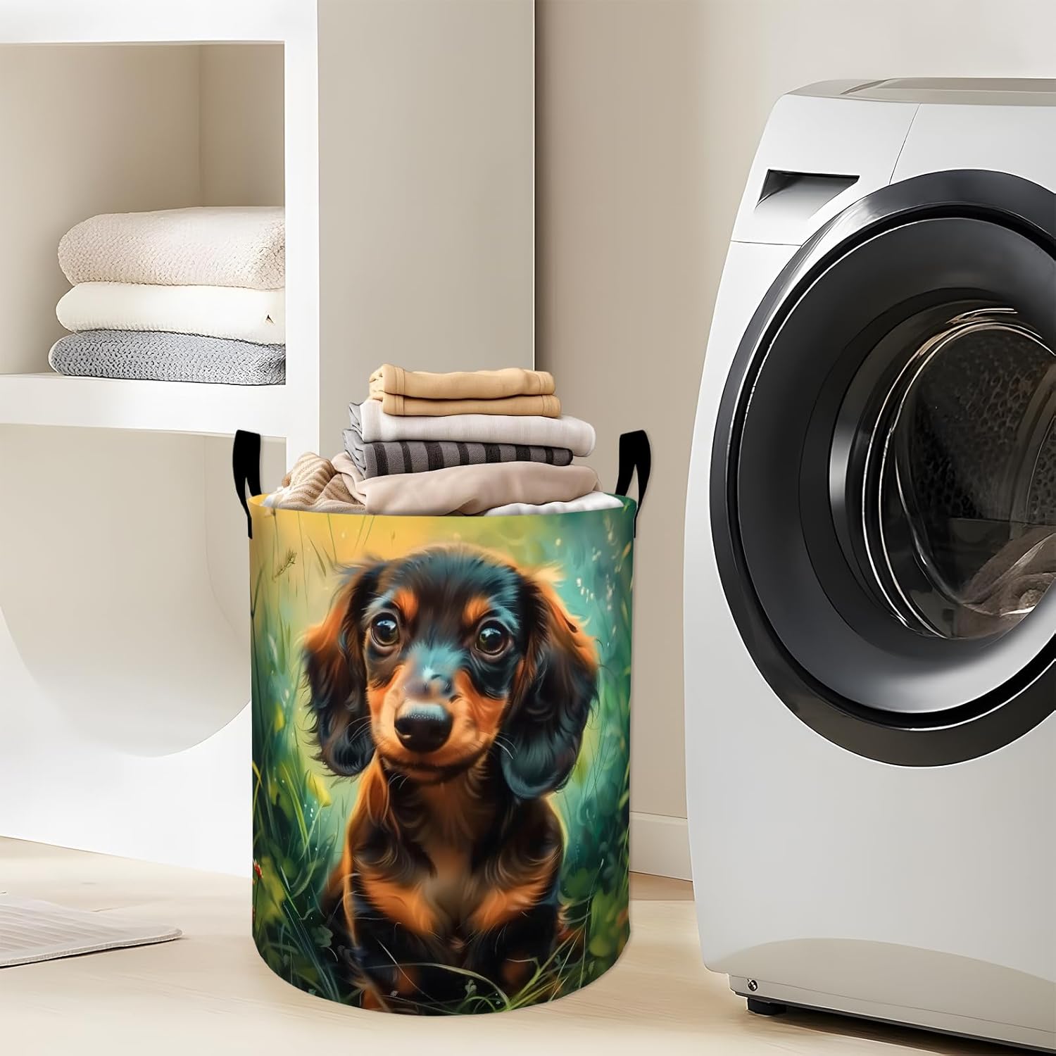 Cute Dachshund in Sunny Grass Laundry Basket with Handles, 19.7"x15.7" Clothes Foldable Laundry Hamper Organizer for Dorm Nursery Bedroom Bathroom Decor, Toy Storage Bin for Kids