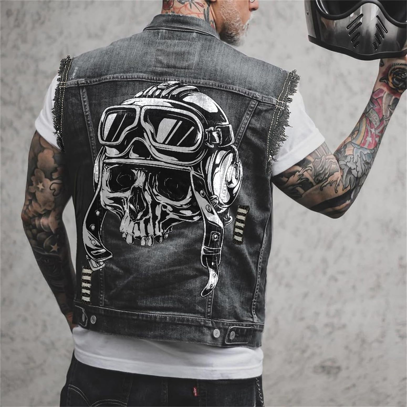 Veste en Jean Sans Manches Hommes Imprimé Tête de Mort Style Biker Punk Vintage Denim Boutons Métalliques Outdoor Loisirs Vêtement de Travail