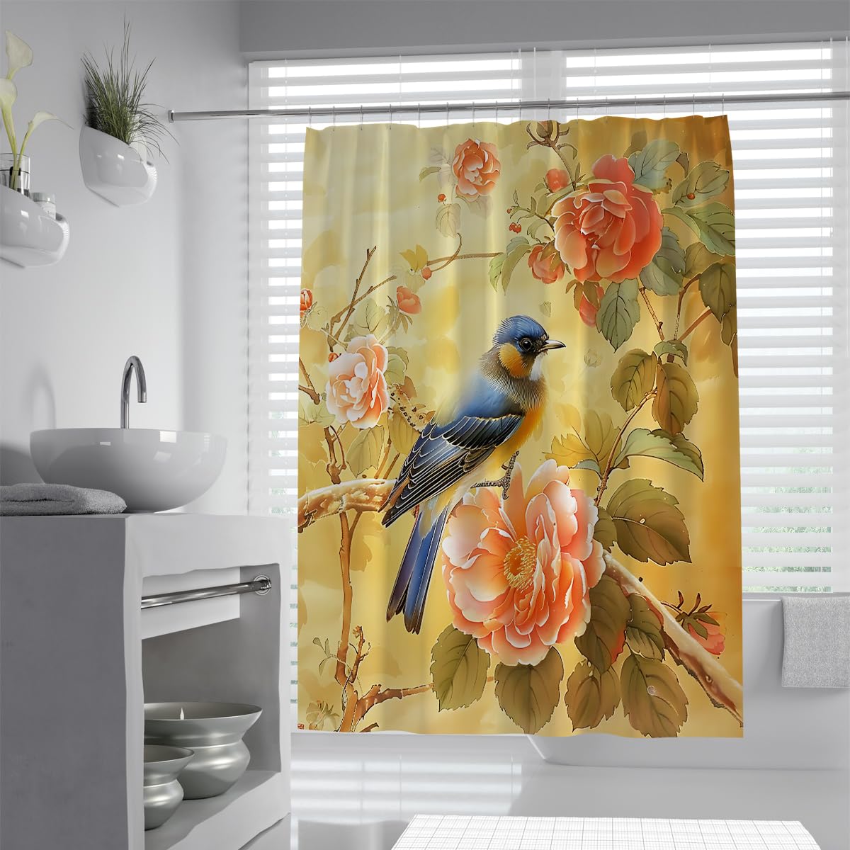UIRINGART Vintage Bird Floral Bath Curtain W120xL180cm Asian Chinoiserie Painting Anti Mould Quick Dry Polyester Fabric Washable Shower Curtain