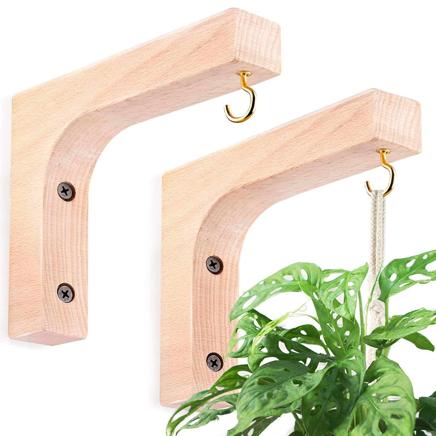 Wooden Wall Bracket with Gold Hook for Hanging Plants, Set of 2 Natural Wood Finish, Indoor Plant Hanger, Screw Mount, Boho Home Decor, Gold Metal Hook L 6" X W 1" X 5" Inch-image-40