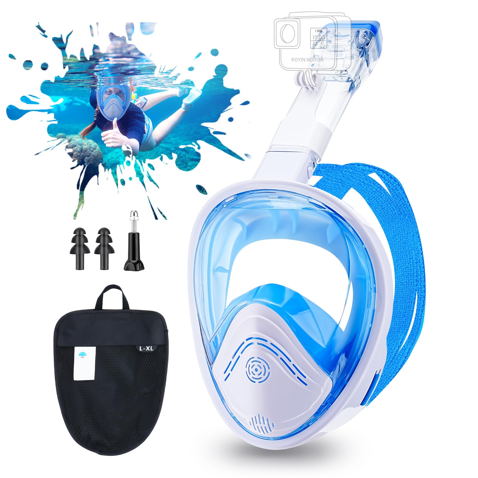 Máscara de Buceo Adulto Máscara de Snorkel Completa con 180° Panorámica HD Vista & Soporte de Cámara Desmontable, Gafas Snorkel Cristal Templado Anti-Fugas Gafas Buceo para Hombres Mujeres