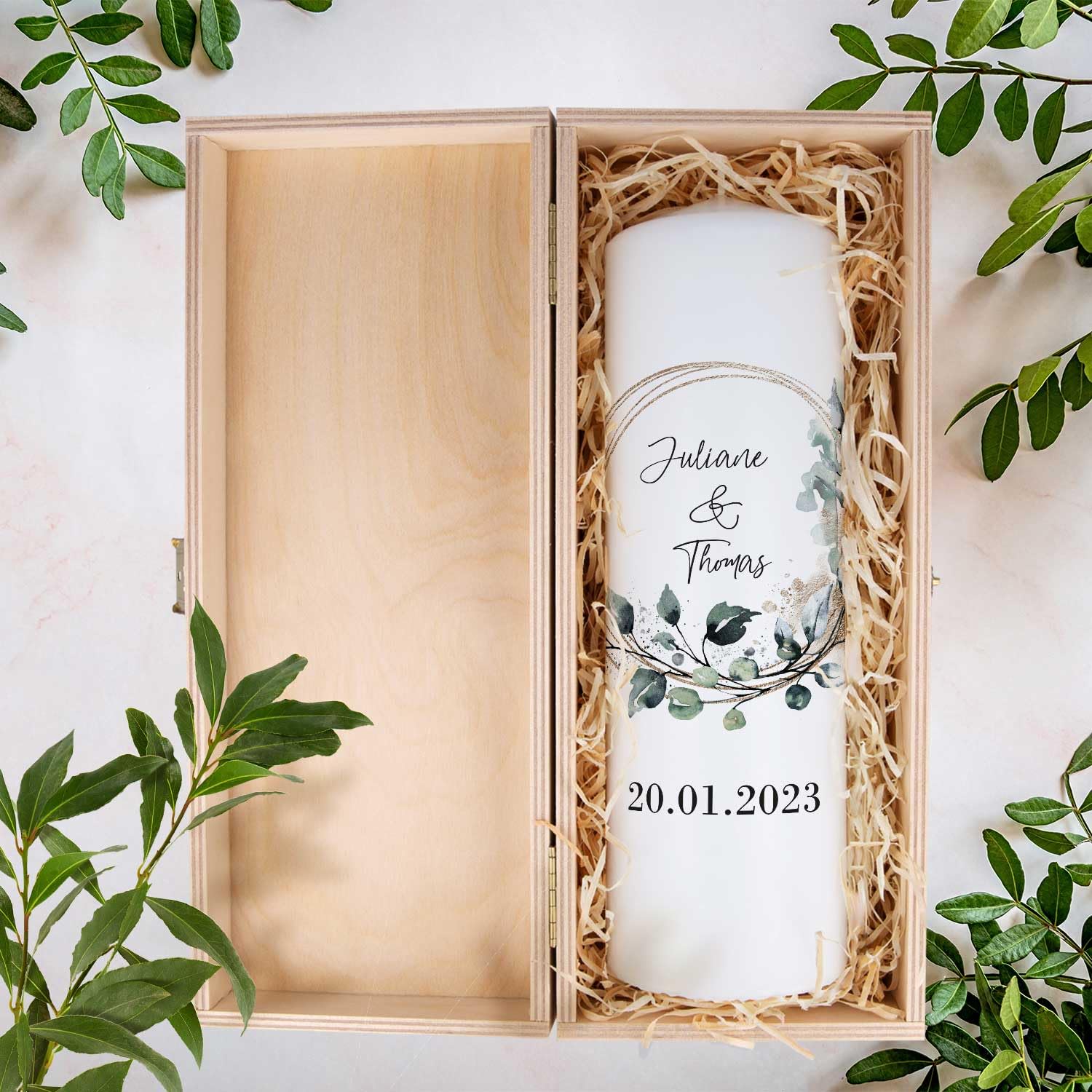 GRAVURZEILE Candela Stampata - Cerchio Floreale - Personalizzata Con Nome e Data per Nozze - Regalo per Sposi - Pilastro di Alta Qualità 250/80 mm - Bianco