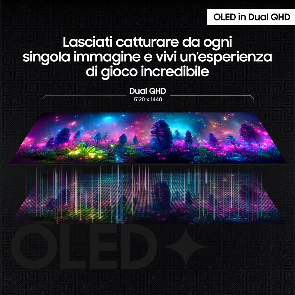 Samsung Monitor Gaming Odyssey OLED G9 (S49DG934), Curvo (1800R), 49'', 5120x1440 (DQHD), 32:9, HDR10+, QD-OLED Glare Free, 240Hz, 0,03ms (GtG), Compatibilità G-Sync, HDMI, Micro HDMI, DP