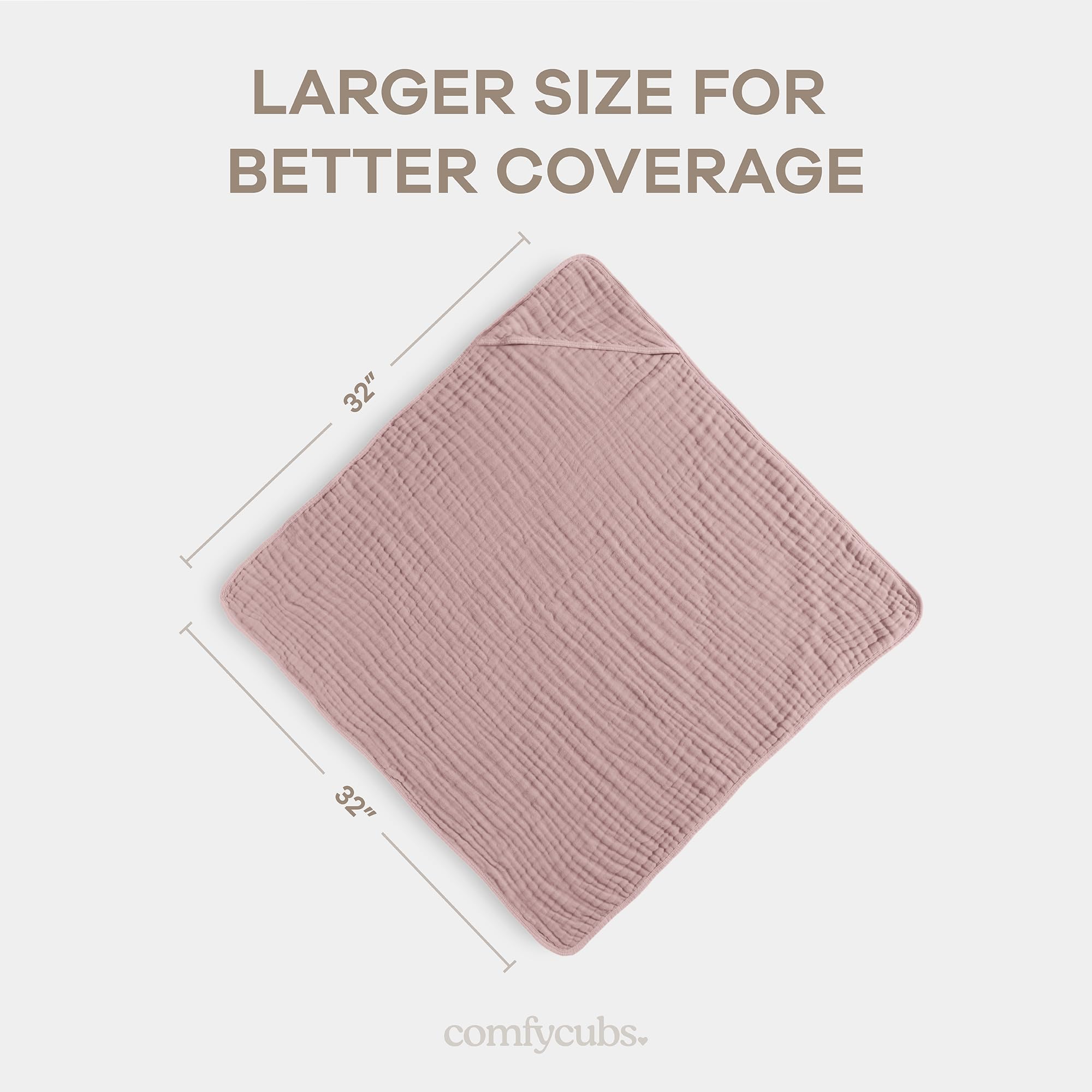 Comfy Cubs Baby Hooded Towel 2-Pack, Large 81cm x 81cm - 6-Layer, Soft, Durable & Absorbent Baby Bath Towel - 100% Muslin Cotton Bathing Products for Babies, Toddlers & Kids - Mauve and Blush — view 3