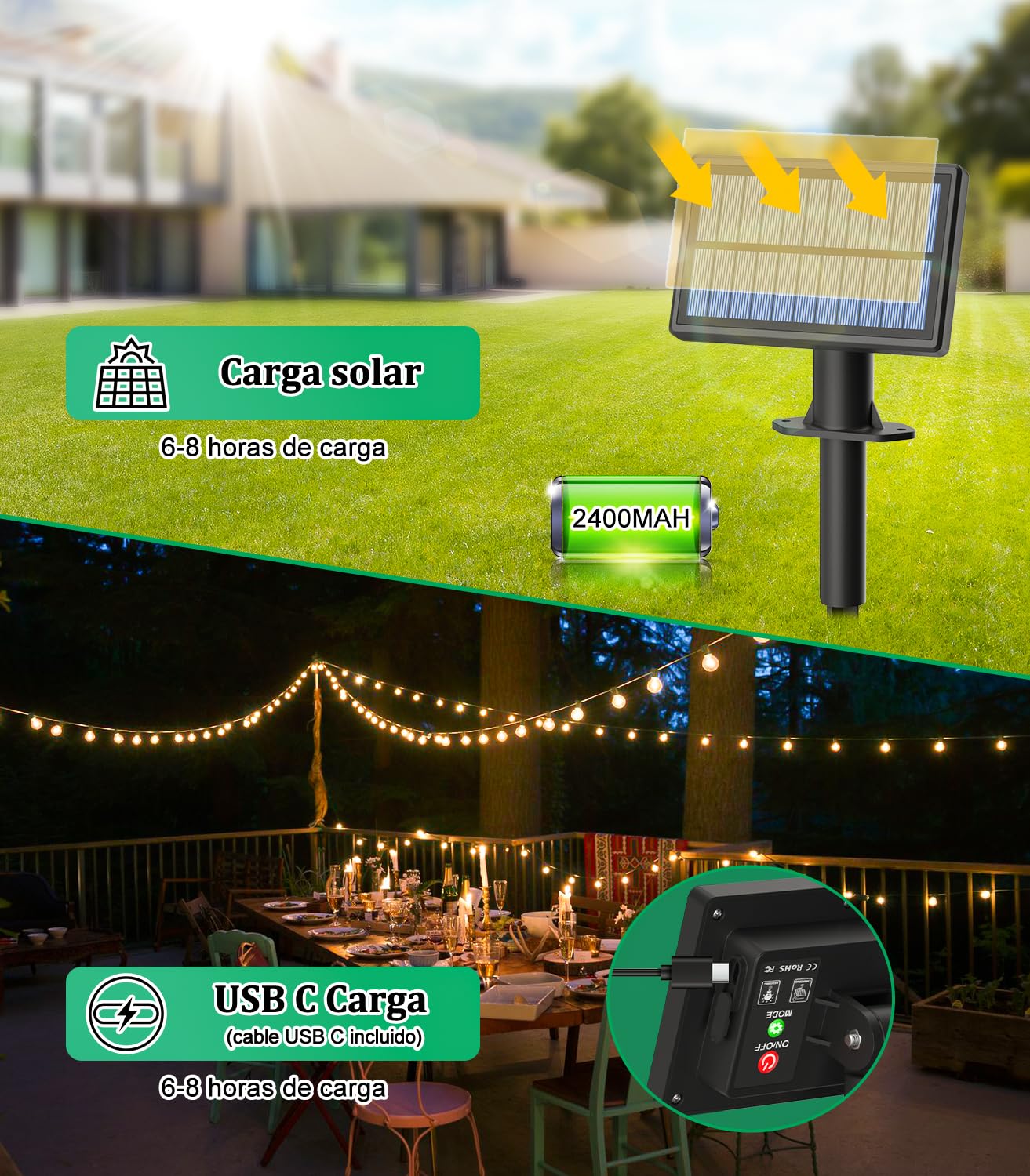 Guirnalda Luces Exterior Jardín Solares - 100FT Guirnaldas Luz Exterior Solar G40 LED Plástico Bombillas 3 Control Remoto Modos Cadena de Lights Solares IP44 Impermeable para Jardín Patio Fiesta