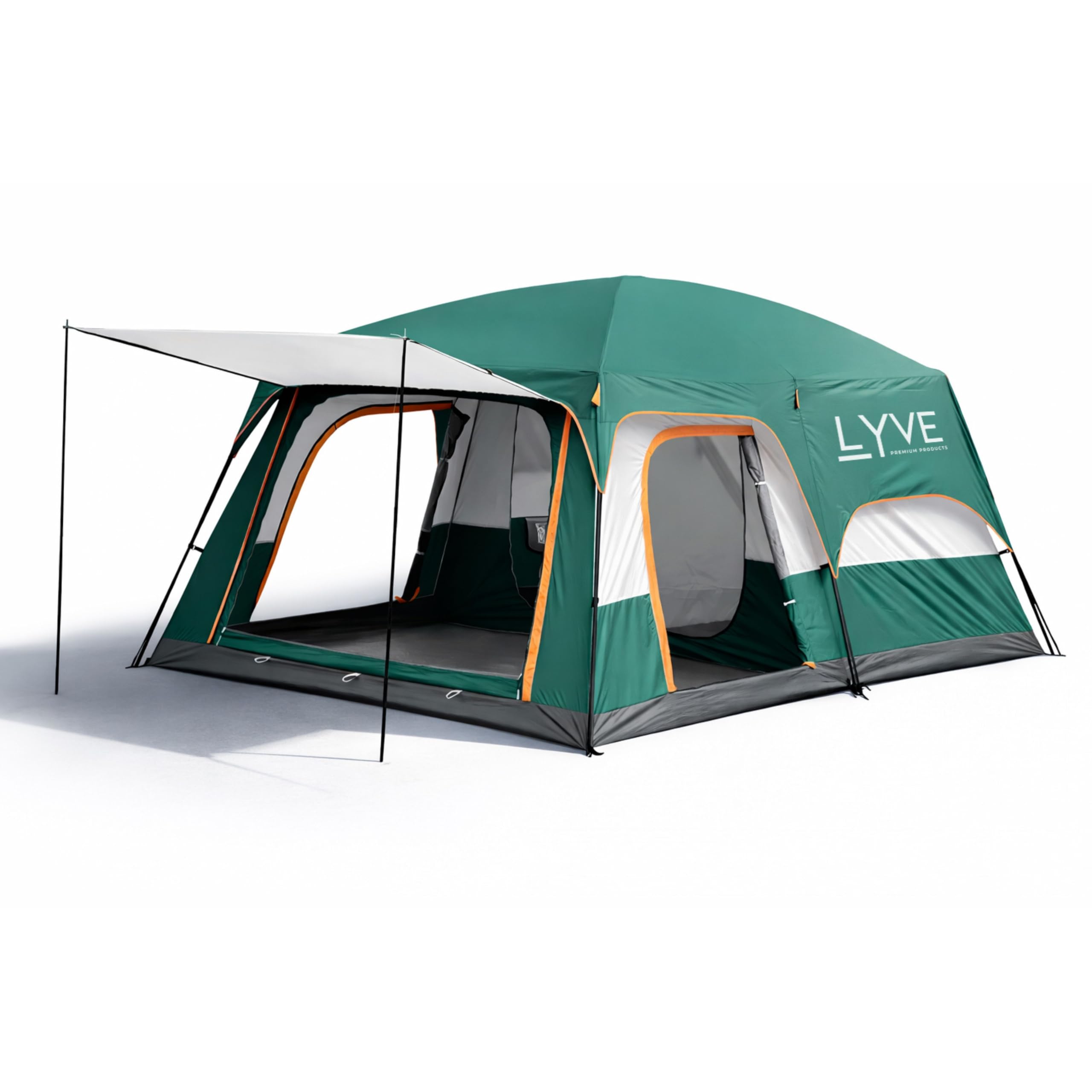 Lyve Familienzelt XL – Wasserdichtes Campingzelt mit 2 bis 3 Schlafkabinen – Deep Sleep Verdunkelung – 8000 mm Wassersäule – 4/6 / 8 Personen – Grün