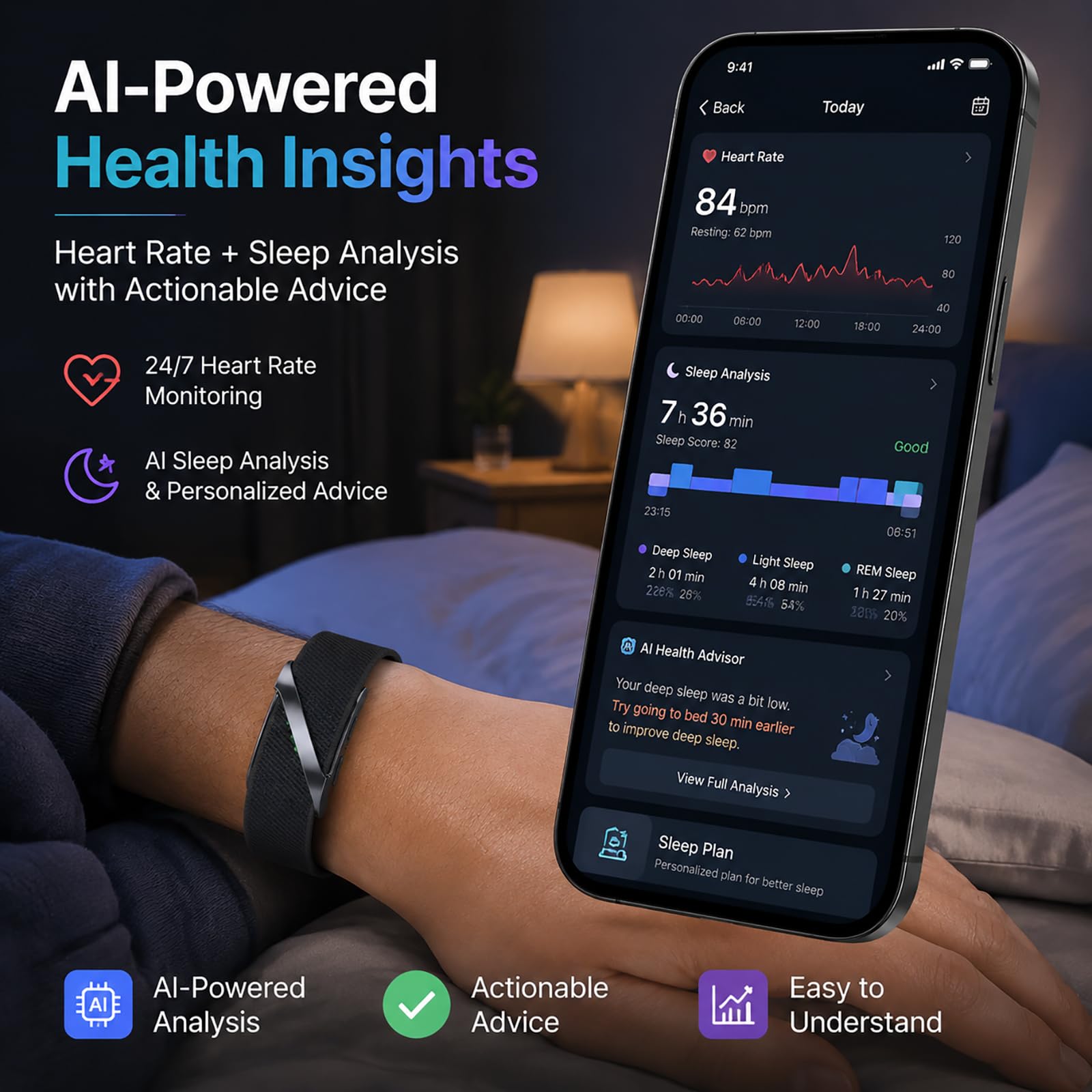 Health Fitness Tracker Smart Band Wearable Activity Tracker AI Sleep 24/7 Heart Rate Monitor Multi-Sport Tracking Screenless SOS & Fall Detection Impermeabile e Lunga Durata della Batteria per Uomini